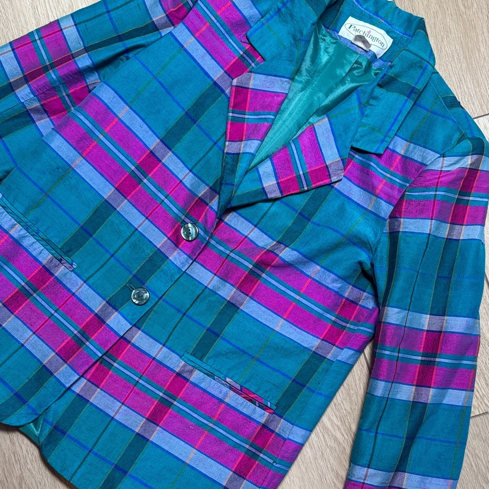 Vintage 100% Silk Patchington Plaid Blazer Teal Purple Retro Preppy Old Money